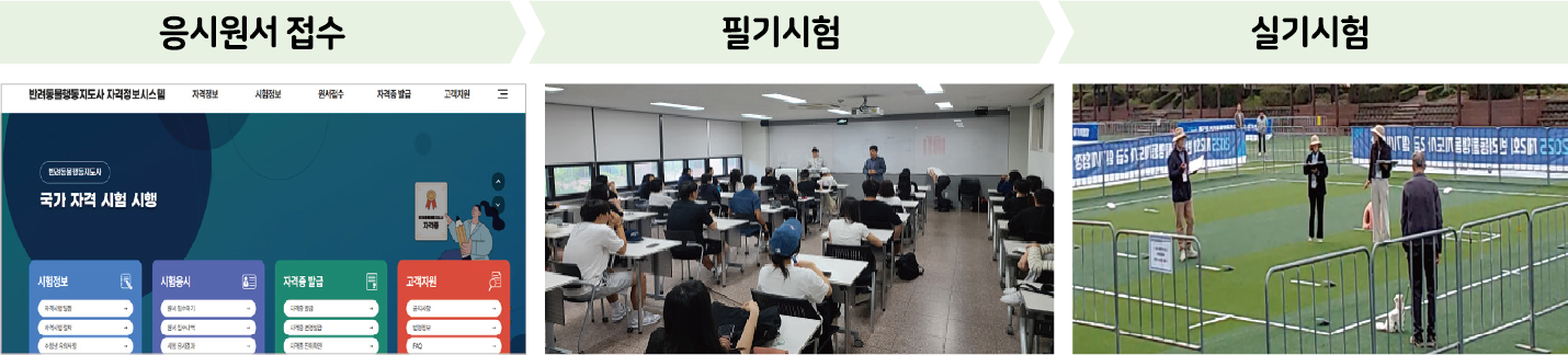 반려동물행동지도사 국가 자격 시험 진행 절차: 응시원서 접수 - 반려동물행동지도사 자격정보시스템 홈페이지 화면(시험정보·시험응시·자격증 발급·고객지원 메뉴 구성), 필기시험 - 실내 시험장에서 응시자들이 필기시험을 치르는 현장 사진, 실기시험 - 야외 실기시험장에서 반려동물 행동지도 실기시험을 진행하는 현장 사진