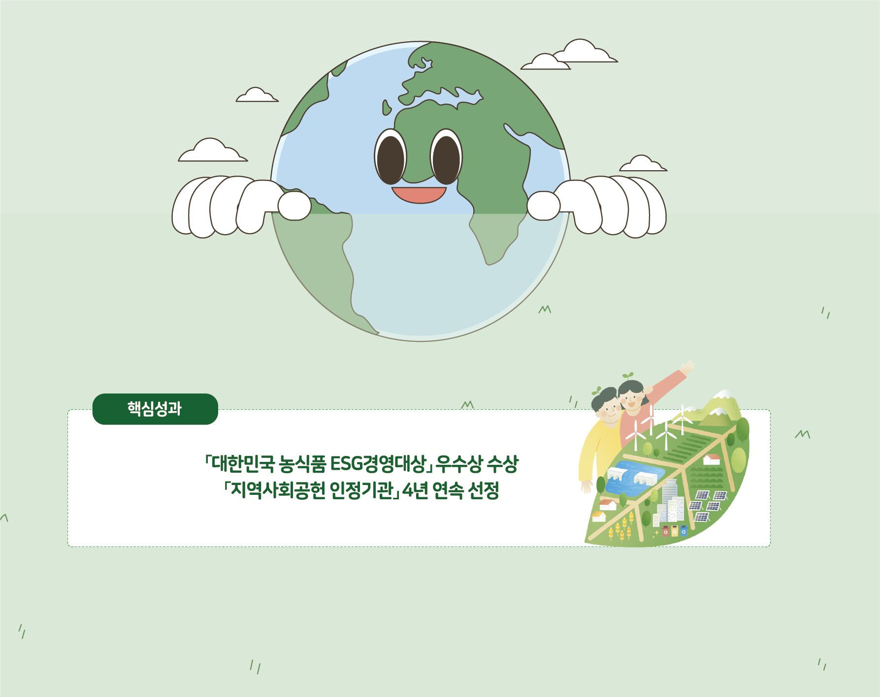 핵심성과: 「대한민국 농식품 ESG경영대상」 우수상 수상, 「지역사회공헌 인정기관」 4년 연속 선정. 웃는 지구 캐릭터 일러스트와 친환경 스마트팜 도시 일러스트 포함.