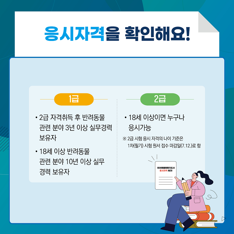 응시자격을 확인해요! 1급: 2급 자격취득 후 반려동물 관련 분야 3년 이상 실무 경력 보유자, 18세 이상 반려동물 관련 분야 10년 이상 실무 경력 보유자 / 2급: 18세 이상이면 누구나 응시가능 ※2급 시험 응시 자격의 나이 기준은 1차(필기) 시험 원서 접수 마감일(7.12.)로 함