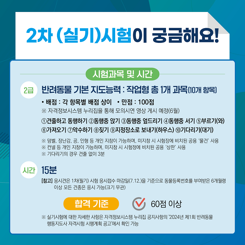 2차(실기)시험이 궁금해요! 시험과목 및 시간 2급: 반려동물 기본 지도능력 작업형 총 1개 과목(10개 항목), 배점: 각 항목별 배점 상이, 만점: 100점 ※자격정보시스템 누리집을 통해 모의시연 영상 게시 예정(6월) ①견줄하고 동행하기 ②동행중 앉기 ③동행중 엎드리기 ④동생중 서기 ⑤부르기(와) ⑥가져오기 ⑦악수하기 ⑧짖기 ⑨지정장소로 보내기(하우스) ⑩기다리기(대기) ※덤벨, 장난감, 공, 인형 등 개인 지참이 가능하며, 미지참 시 시험장소에 비치된 공용 ‘물건’ 사용 ※컨넬 등 개인 지참이 가능하며, 미지참 시 시험정에 비치된 공용 ‘상판’ 사용 ※기다리기의 경우 견줄 없이 3분 , 시간: 15분 [참고]응시견은 1차(필기) 시험 응시접수 마감일(7.12.)을 기준으로 동물등록번호를 부여받은 6개월령 이상 모든 견종은 응시 가능(크기 무관) / 합격 기준: 60점 이상 ※실기시험에 대한 자세한 사항은 자격정보시스템 누리집 공지사항의 ‘2024년 제1회 반려동물 행동지도사 자격시험 시행계획 공고’에서 확인 가능